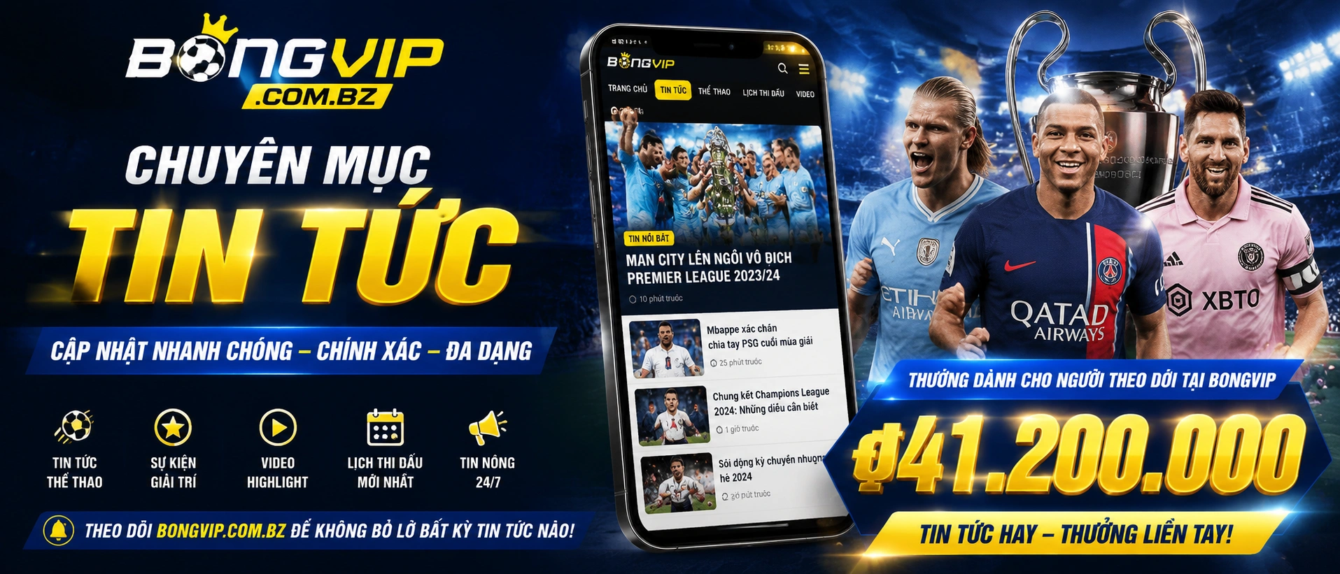 Màn hình tin cập nhật Bongvip với mục hỗ trợ và ghi chú giao dịch
