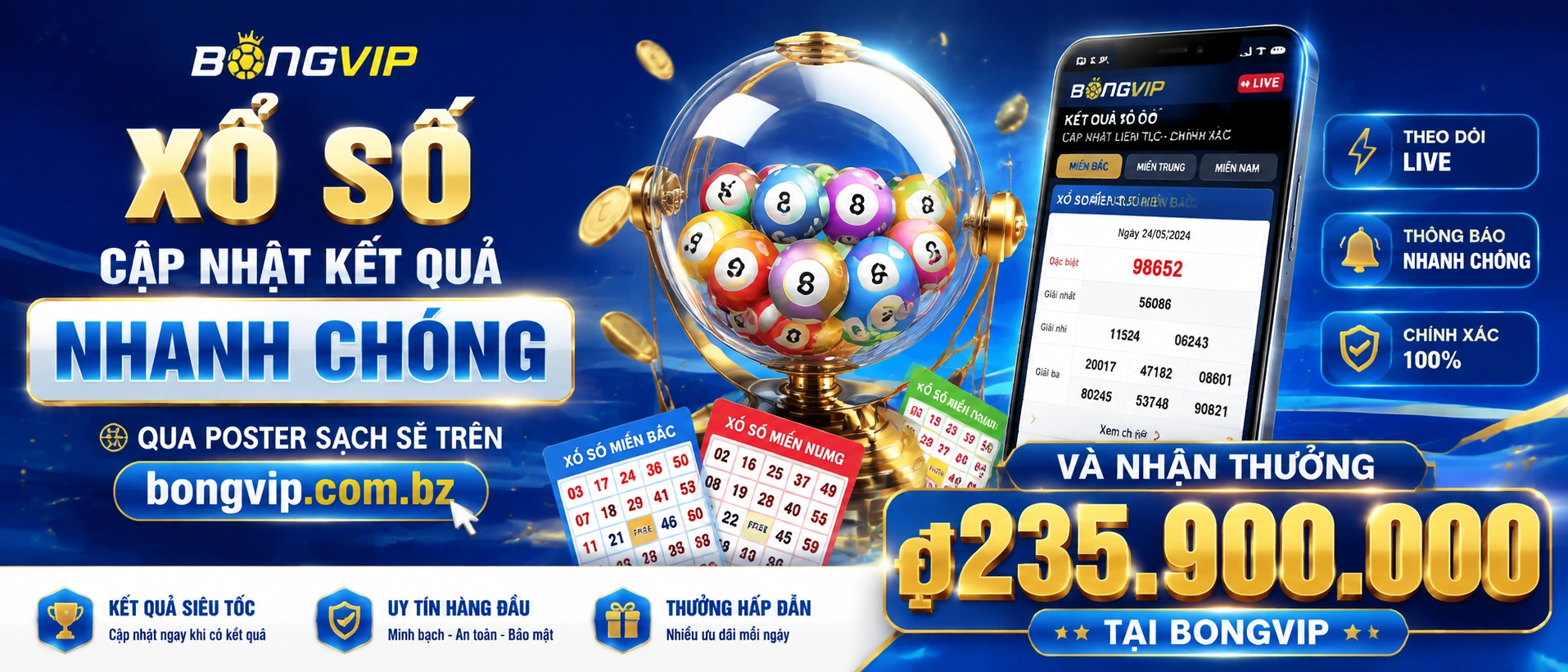 Giao diện Xổ Số bongvip.com.bz với trung tâm dữ liệu và tra cứu theo khu vực